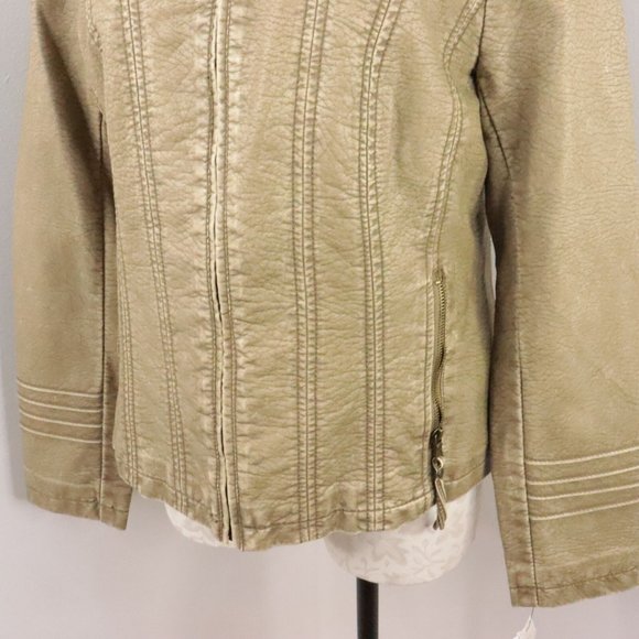 New Big Chill Vintage Women's Large Tan Gold Zip-Up Vegan Leather Biker Jacket - Picture 3 of 9